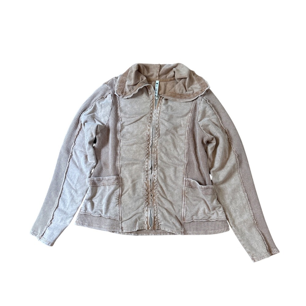 Leo & Nicole Zip Jacket Women Tan Mineral Wash Mixed Media Waffle SIZE L